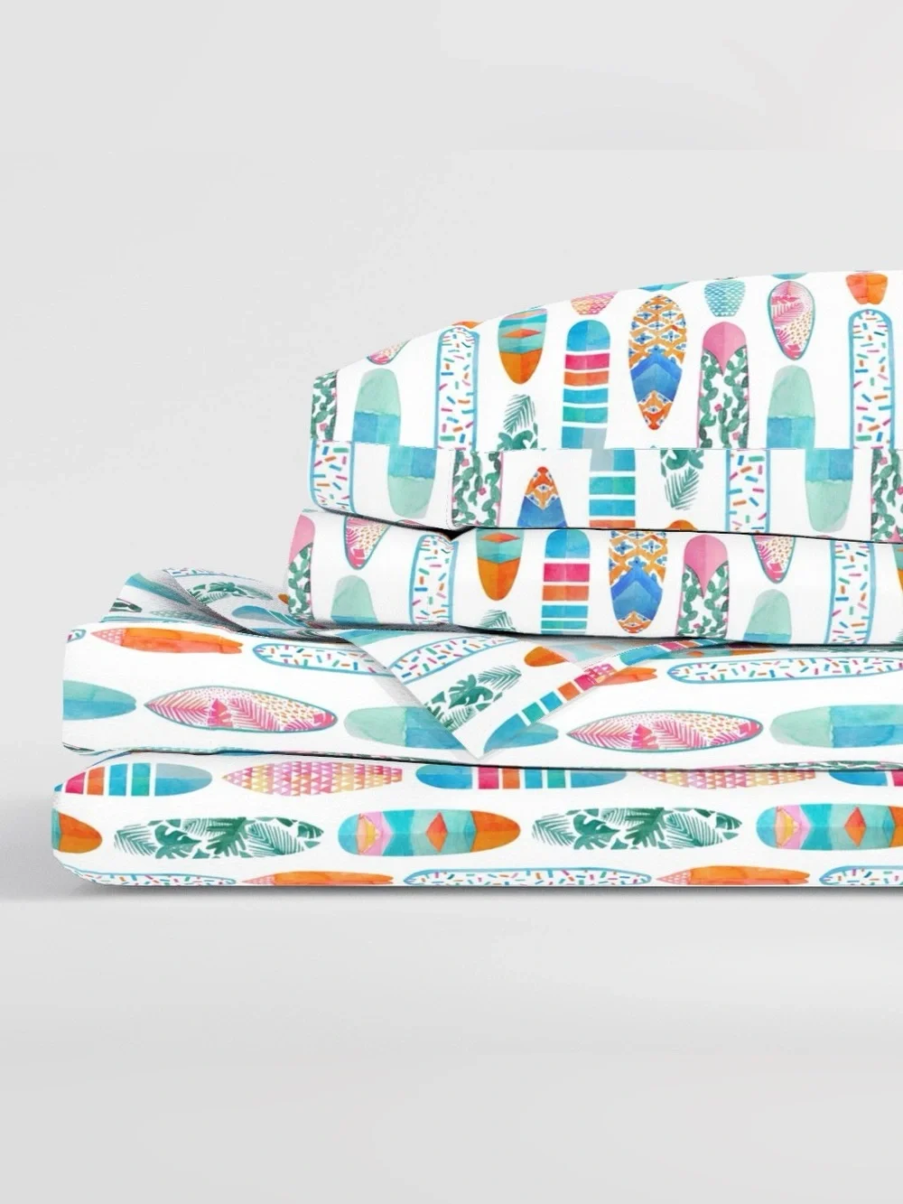 Spoonflower Queen Bed Sheet Set in Surfboards Medium Scale Watercolor Print